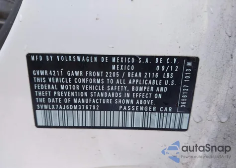 2013 Volkswagen Jetta 2.5L Sel z USA, uszkodzony, nr VIN 3VWLX7AJ6DM376792